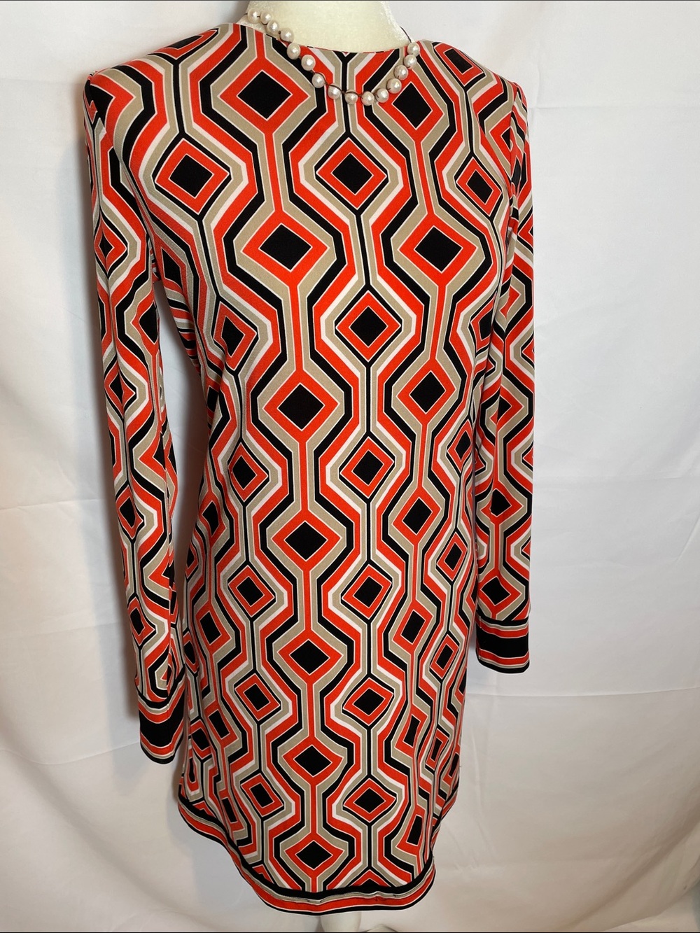 Michael Kors Geometric Print Long Sleeves Tunic Dress in Coral and Beige.